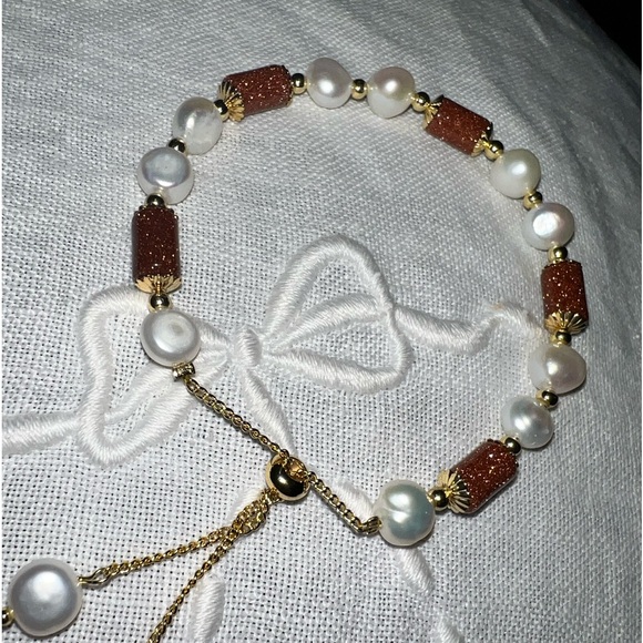 🆕 FRESHWATER PEARLS & GOLDEN SANDSTONE ADJUSTABLE BRACELET 14k CLAD - Picture 1 of 6